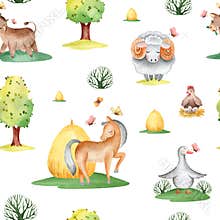 watercolor seamless pattern farm houses and pets