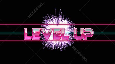 Animation of level up text over geometrical moving shapes and fireworks