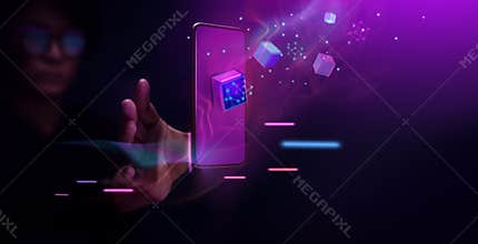 Metaverse and Blockchain Technology Concepts. Person with an Experiences of Metaverse Virtual World via Smart Phone. Futuristic