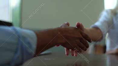 Close-up side view of unrecognizable businesswoman and businessman closing deal and shaking hands in agreement.