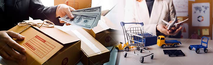 Young attractive asian woman owner startup business look at camera work happy with box at home prepare parcel delivery in sme