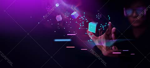 Metaverse and Blockchain Technology Concepts. Person with Glasses try to Touching Object for Experiences of Metaverse Virtual