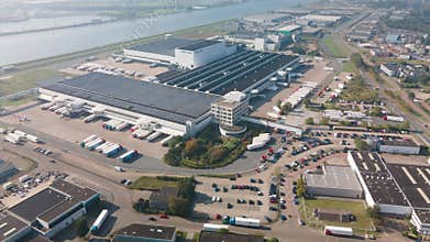 Zaandam, 9th of October 2021, The Netherlands. Albert Heijn distribution center hyperlapse timelapse aerial view of