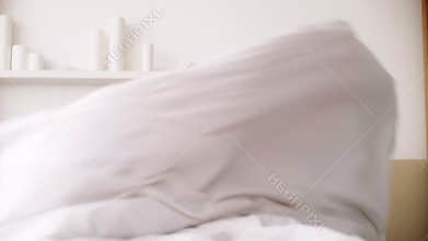 happy awakening new day rested woman cozy bedroom