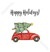 Watercolor illustration card happy holidays with red car and christmas tree