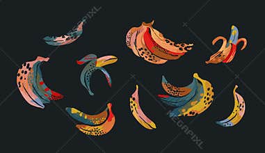 Vector set of abstract bananas. Exotic illustrations. Clipart, isolated elements.