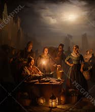 Fish market at night by Petrus van Schendel