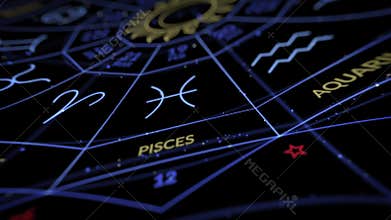 Zodiac wheel animation with signs and names. Seamless loop.