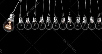Dark and Shining Light Bulbs with Idea and Innovation Concept