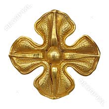 Golden decorative cross element with floral pattern isolated on white background. Design element with clipping path