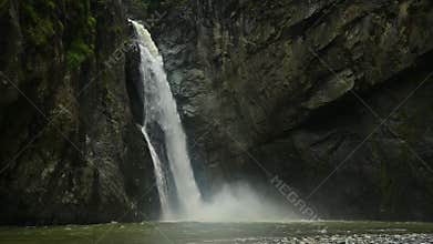 Video 4K shows huge waterfall. In carribbean island of Dominican republic.