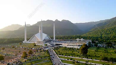 4K Areal view of The Faisal Mosque is the largest mosque in Pakistan