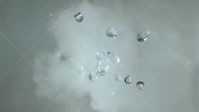 Steam and water droplets. Splashes of water and fog. Smoke and water bubbles, top view. Chemistry, science, alchemy. Air humidifie