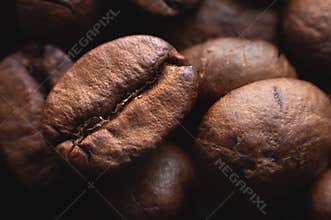 Close up extreme macro group of roasted brown or black coffee beans background in shallow depth of field. Enchanting