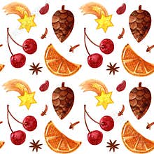 Watercolor colored seamless pattern with fruits, berries and spices. Christmas shooting star and fir cone.