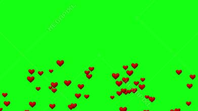 3d red hearts rising from the bottom of a chroma green background