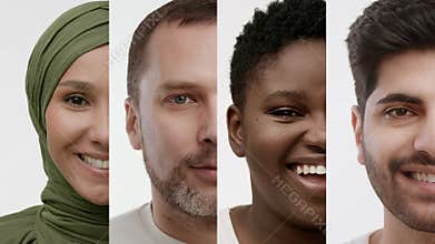 Collage Of Half Portraits Of Multicultural People Smiling, White Background