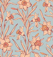 Spring seamless pattern with elegant pink daffodil in calm tones.