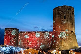 The Medieval Castle of Lettere during the Christmas time, with lights and Christmas markets, Naples, Italy