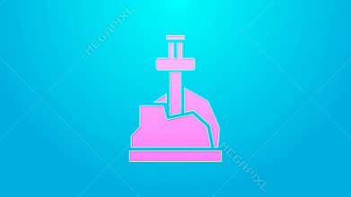 Pink line Sword in the stone icon isolated on blue background. Excalibur the sword in the stone from the Arthurian