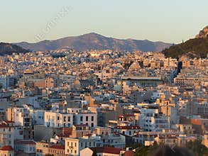 Panorama of  Athenes on sunset in Greece.