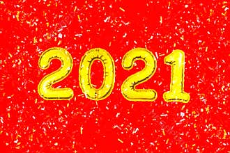 2021 Happy New Year numbers text, confetti on red background. Christmas party greeting decor