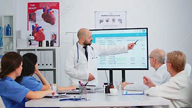 Specialist doctor presenting to colleagues the waiting list of patients