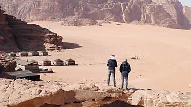 Aerial view of tourist over the popular Little Bridge in Wadi Rum,Jordan.