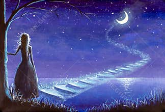 Princess girl climbs the magic steps to the moon in the night seascape oil painting
