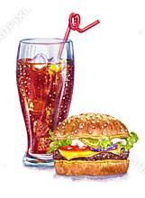 Glass with cola and, burger, watercolor illustration