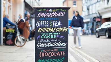 Sign with restaurant menu on the crowded tiled sidewalk