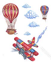 Watercolor set of air transport and clouds. Retro style balloons and plane