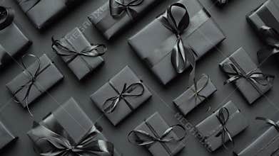Dark Christmas theme. Square boxed gifts wrapped in black paper and ribbon arranged on black