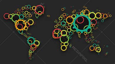 Colored gears making global world map. Economic, social or political cooperation. Global teamwork motion background