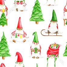 Watercolor seamless pattern with Christmas gnomes. Hand drawn cute winter elves with christmas tree, sleigh, candy cane