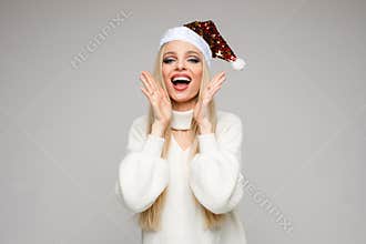 Beautiful young woman with blonde hair laughs, picture isolated on white backgroung
