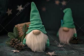Snow gnomes or elves. Christmas toy. Selective focus