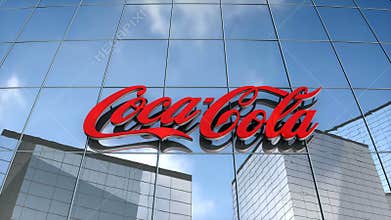 Editorial Cocacola logo on glass building.