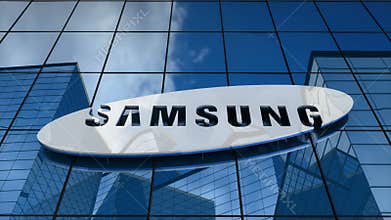 Editorial, Samsung logo on glass building.