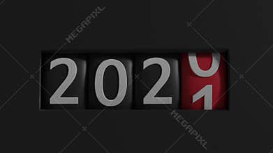Speedometer counter four cylinders shows number 2020, rotates number to value 2021. Concept: New year checkpoint, change of year