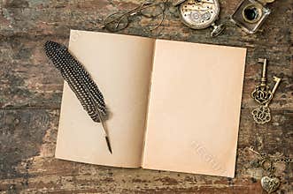 Open journal book vintage feather pen Flatlay mockup