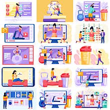 Fitness online course concept. People doing exercise at home in online classes using internet