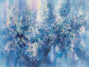 Sakura in bloom at night watercolor background