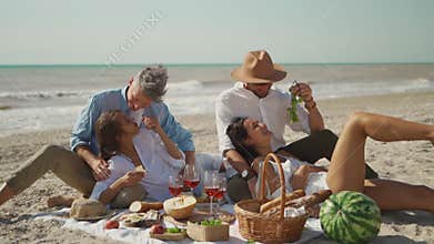 Four millennial friends have picnic on sandy beach at sunny day next waving sea