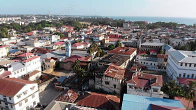 Aerial View of Stone Town, Zanzibar City, Slum Roofs and Poor Streets, Africa