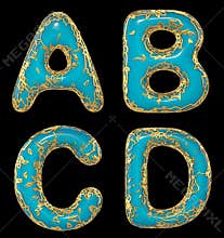Realistic 3D letters set A, B, C, D made of gold shining metal letters.