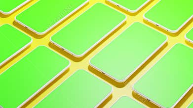 Smartphones moving on conveyor belt. Mockup of mobile devices with green screen or chroma key for editing. Cellphone