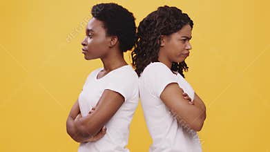 Relationship problems. Two young angry black women standing back to back with folded arms, feeling offended at each
