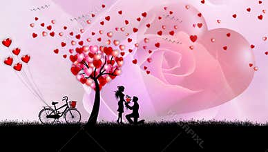 Happy valentine`s day love day loving couple under a loving tree. abstract Love background.