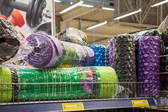 February 11, 2021 Balti Moldova supermarket, illustrative editorial. Fitness and yoga mats department